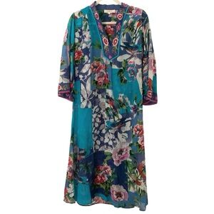 Derhy Blue Small Floral Print Embroidered Beaded Sheer Bohemian Kaftan Dress